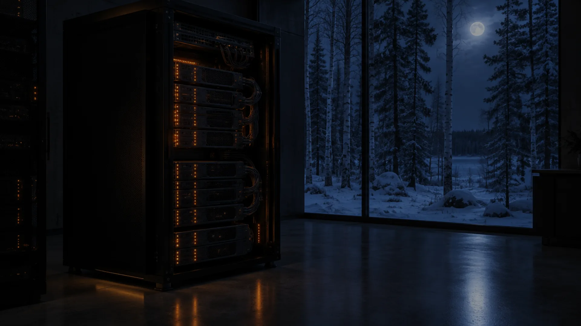 Illustration: a compute room in winter, forest outside the window